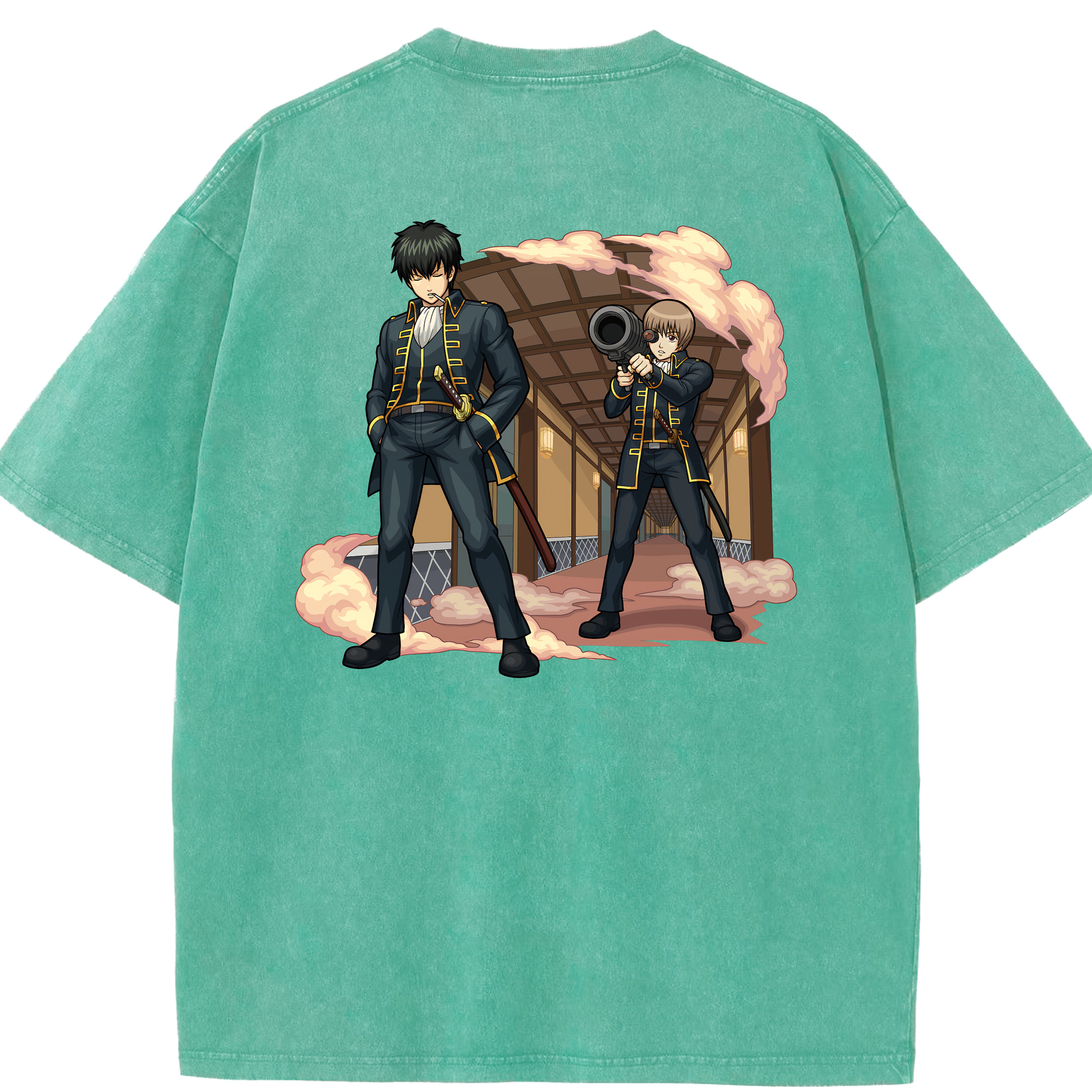 （画像用） ぎんたま 坂田銀時（さかたぎんとき） 神楽 志村新八（しむら しんぱち） GINTAMA Sakata Gintoki Kagura Shimura Shinpachi 綿100% ヴィンテージ風 半袖Tシャツ（背面プリント）